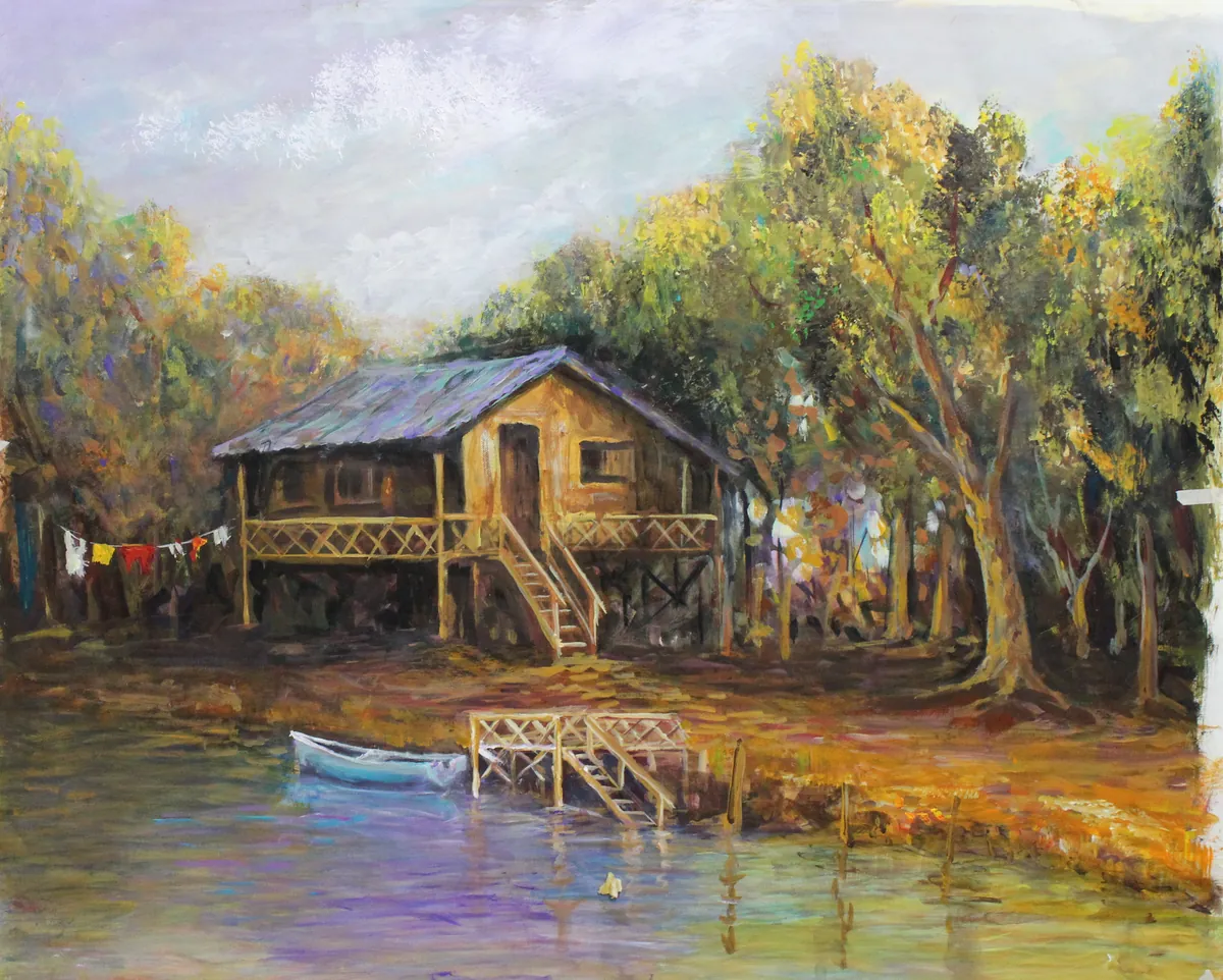 Pintura de una casa isleña y su reflejo en el agua del Delta